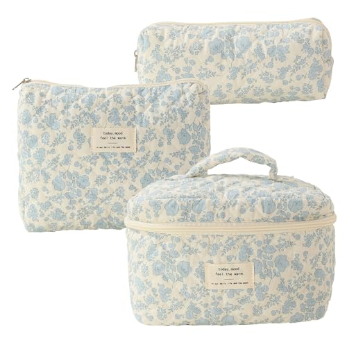 Gesteppte Make-up-Beutel Set 3PCS Baumwollblumen-Make-up-Tasche in verschiedenen Größen Zip-Verschluss Ästhetische Toilettenbeutel Kosmetikbeutel Set Make-up Organizer-Tasche für Frauen Reisen STYL von KYEQATY