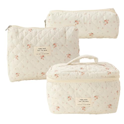 Gesteppte Make-up-Beutel Set 3PCS Baumwollblumen-Make-up-Tasche in verschiedenen Größen Zip-Verschluss Ästhetische Toilettenbeutel Kosmetikbeutel Set Make-up Organizer Tasche für Frauen Reisen STYL von KYEQATY