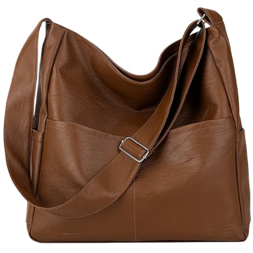 Leder Einkaufstasche Damen Handtasche großes Fassungsvermögen Arbeitstaschen Reißverschluss weiche Tragetasche Geldbörse lässige Handtasche Umhängetasche mit verstellbarem Schultergurt Dunkelbraun von KYEQATY