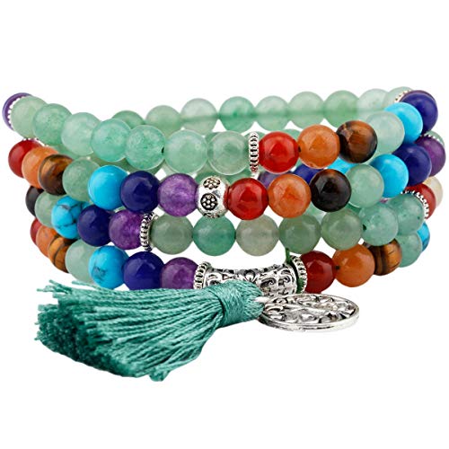 KYEYGWO 108 Gebet Mala Perlen Armband für Damen Herren, 6mm Tibetisch-buddhistischen 7 Chakra Heilstein Halskette für Unisex, Grün Aventurine von KYEYGWO