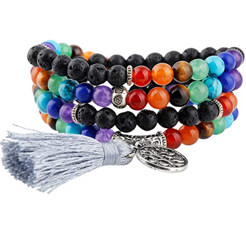 KYEYGWO 108 Gebet Mala Perlen Armband für Damen Herren, 6mm Tibetisch-buddhistischen 7 Chakra Heilstein Halskette für Unisex, Lava Rock von KYEYGWO