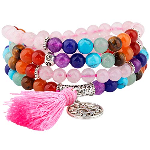 KYEYGWO 108 Gebet Mala Perlen Armband für Damen Herren, 6mm Tibetisch-buddhistischen 7 Chakra Heilstein Halskette für Unisex, Rosenquarz von KYEYGWO