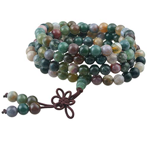 KYEYGWO 108 Gebet Mala Perlen Armband für Damen Herren, 6mm Tibetisch-buddhistischen Heilstein Halskette für Unisex, Indischer Achat von KYEYGWO