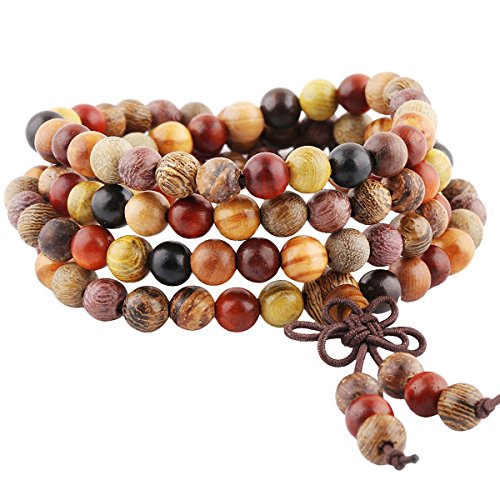 KYEYGWO 108 Natürlich Holz 6mm Mala Perlen Armband für Damen Herren, Meditation Gebet Wickelarmbänder Tibetisch-buddhistischen Stretch-Armbänder Halskette von KYEYGWO