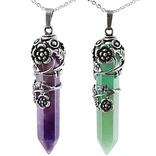 KYEYGWO 2 Stück Heilstein Punkt Anhänger Halskette für Damen und Herren, Blume Paar-Anhänger Hexagonal Kristall Pendel Sechseckiger Edelstein Schmuck, Amethyst & Grüner Aventurin von KYEYGWO