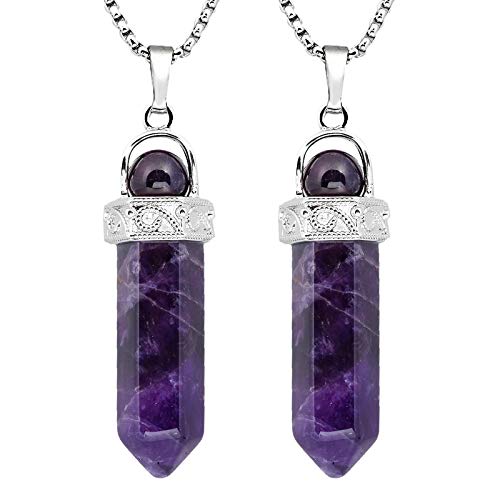 KYEYGWO 2 Stück Heilstein Punkt Anhänger Halskette für Damen und Herren, Hexagon Versilbertes Reiki Chakra Poliertes Steinpendel für Unisex, Amethyst & Bergkristall von KYEYGWO