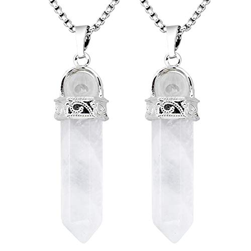 KYEYGWO 2 Stück Heilstein Punkt Anhänger Halskette für Damen und Herren, Hexagon Versilbertes Reiki Chakra Poliertes Steinpendel für Unisex, Bergkristall von KYEYGWO