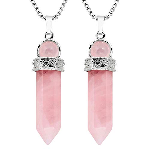 KYEYGWO 2 Stück Heilstein Punkt Anhänger Halskette für Damen und Herren, Hexagon Versilbertes Reiki Chakra Poliertes Steinpendel für Unisex, Rosenquarz KYEYGWO 2 Stück Heilstein Punkt Anhänger Halskette für Damen und Herren, Hexagon Versilbertes Reiki Chakra Poliertes Steinpendel für Unisex, Rosenquarz von KYEYGWO