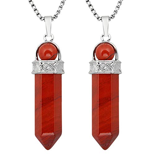 KYEYGWO 2 Stück Heilstein Punkt Anhänger Halskette für Damen und Herren, Hexagon Versilbertes Reiki Chakra Poliertes Steinpendel für Unisex, Roter Jaspis von KYEYGWO