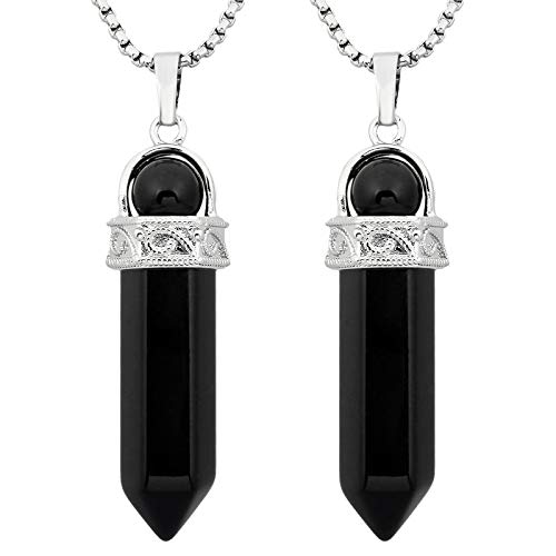 KYEYGWO 2 Stück Heilstein Punkt Anhänger Halskette für Damen und Herren, Hexagon Versilbertes Reiki Chakra Poliertes Steinpendel für Unisex, Schwarzer Achat & Bergkristall von KYEYGWO