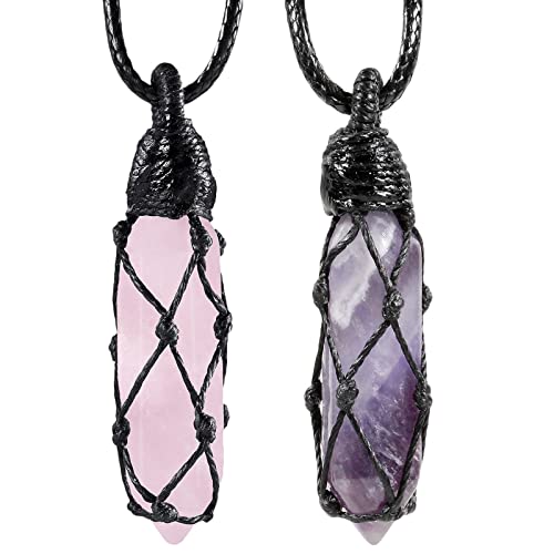 KYEYGWO 2 Stück Heilstein Punkt Anhänger Halskette für Damen und Herren, Kristall Sechseckiger Ketten Stein Paar-Anhänger Chakra Pendel Hexagon Schmuck, Amethyst & Rosenquarz von KYEYGWO