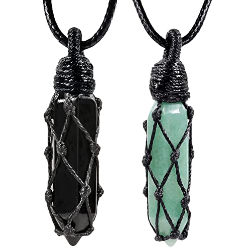 KYEYGWO 2 Stück Heilstein Punkt Anhänger Halskette für Damen und Herren, Kristall Sechseckiger Ketten Stein Paar-Anhänger Chakra Pendel Hexagon Schmuck, Grüner Aventurin & Obsidian von KYEYGWO