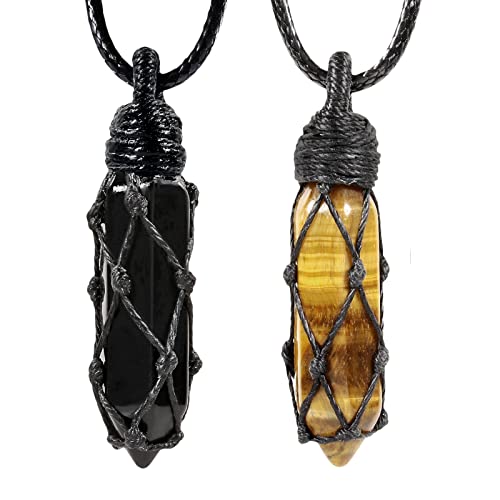 KYEYGWO 2 Stück Heilstein Punkt Anhänger Halskette für Damen und Herren, Kristall Sechseckiger Ketten Stein Paar-Anhänger Chakra Pendel Hexagon Schmuck, Tigerauge & Obsidian von KYEYGWO