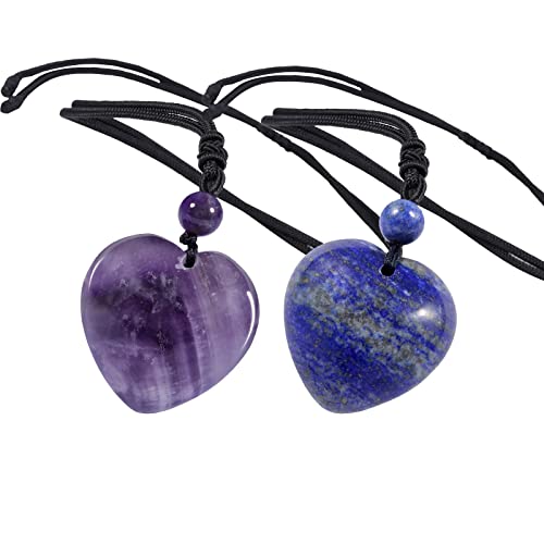KYEYGWO 2 Stück Kristall Herz Anhänger für Damen und Herren, Reiki Heilung Stein Halskette Paar-Anhänger Herzform Edelstein Ketten Liebe Amulett Segen Schmuck, Amethyst & Lapislazuli von KYEYGWO