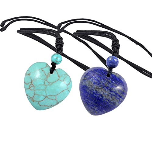 KYEYGWO 2 Stück Kristall Herz Anhänger für Damen und Herren, Reiki Heilung Stein Halskette Paar-Anhänger Herzform Edelstein Ketten Liebe Amulett Segen Schmuck, Grüner Howlith Türkis & Lapislazuli von KYEYGWO