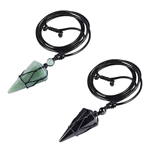 KYEYGWO 2 Stück Sechseckiger Kristall Anhänger Halskette für Damen und Herren, Polierte Quarz Spitze Stein Paar-Anhänger Reiki Chakra Pendel Kette Schmuck, Grüner Aventurin & Obsidian von KYEYGWO