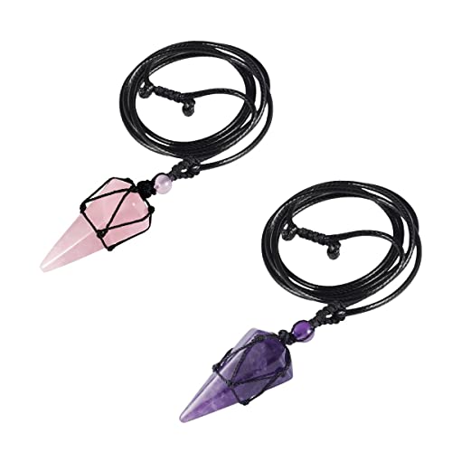 KYEYGWO 2 Stück Sechseckiger Kristall Anhänger Halskette für Damen und Herren, Polierte Quarz Spitze Stein Paar-Anhänger Reiki Chakra Pendel Kette Schmuck, Rosenquarz & Amethyst von KYEYGWO