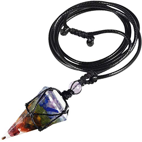 KYEYGWO 7 Chakra Stein Sechseckiger Kristall Anhänger Halskette mit Einstellbarem Lederseil, Polierte Quarz Spitz Stein Heilung Reiki Pendel Kette für Damen, Herren und Unisex von KYEYGWO