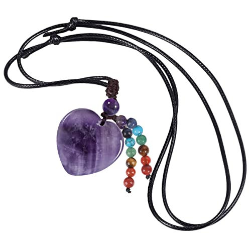 KYEYGWO 7 Chakren Krstall Herz Anhänger für Damen und Herren, Amethyst Herzform Edelstein Halskette Heilstein Ketten Liebe Amulett Segen Schmuck Glücksbringer von KYEYGWO