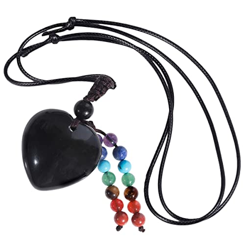 KYEYGWO 7 Chakren Krstall Herz Anhänger für Damen und Herren, Obsidian Herzform Edelstein Halskette Heilstein Ketten Liebe Amulett Segen Schmuck Glücksbringer von KYEYGWO