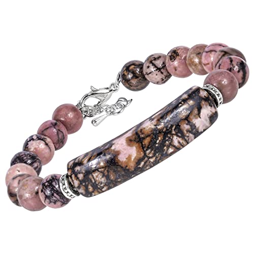 KYEYGWO 8 mm Rhodonit Kristall Perlen Armband für Damen, Einstellbare Stein Armbänder Frauen Link-Armband mit Rechteckig Heilstein, Chakra-Armband Glück Schmuck für Reiki Heilung, Meditation, Yoga von KYEYGWO