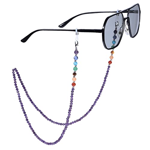 KYEYGWO Amethyst 7 Chakren Stein Perlen Brillenkette für Damen und Herren, Reiki Kristall Brillenband Edelstein Brillenkordel Mode Kette Brillenschnur für Sonnenbrillen, Myopiebrille, Lesebrillen von KYEYGWO