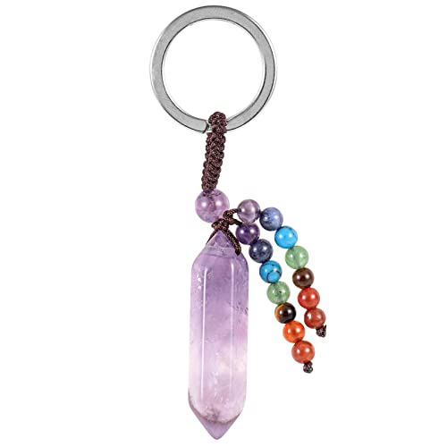 KYEYGWO Amethyst Heilstein Punkt Schlüsselanhänger für Damen und Herren, 7 Chakra Kristall Sechseckiger Schlüsselring Deko Reiki Pendel Taschenanhänger Edelstein Hexagon Anhänger von KYEYGWO