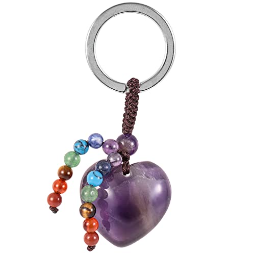 KYEYGWO Amethyst Kristall Herz Schlüsselanhänger für Unisex, 7 Chakra Stein Schlüsselring Deko Herzform Edelstein Taschenanhänger Leibe Anhänger für Schlüsselband Schlüsselbund Schlüsselkette von KYEYGWO