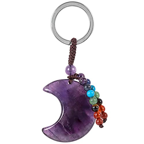 KYEYGWO Amethyst Kristall Mond Schlüsselanhänger für Damen und Herren, 7 Chakren Stein Schlüsselring Deko Halbmond Edelstein Taschenanhänger Crescent Anhänger für Schlüsselband von KYEYGWO