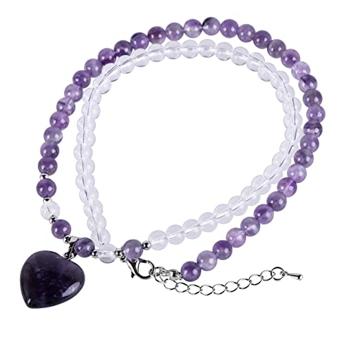 KYEYGWO Amethyst Kristall Perlen Armband für Damen, Herz Stein Anhänger Herzform Edelstein Halsketten Chakra Armbänder Liebe Perlenketten Heilstein Wickelarmband Zweifarbig Segen Schmuck von KYEYGWO