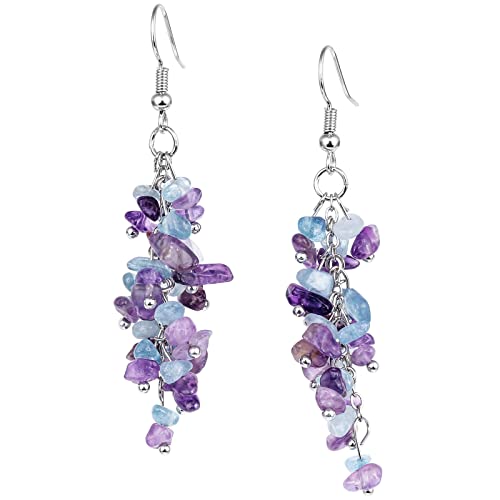 KYEYGWO Amethyst & Aquamarine Heilung Kristall Ohrringe für Damen, Stein Baumeln Haken Ohrrings Trommelsteine Ohrhänger Quarz Edelstein Ohrschmuck Stilvoll Scmuck für Frauen von KYEYGWO