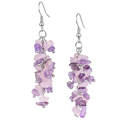 KYEYGWO Amethyst & Rosenquarz Heilung Kristall Ohrringe für Damen, Stein Baumeln Haken Ohrrings Trommelsteine Ohrhänger Quarz Edelstein Ohrschmuck Stilvoll Scmuck für Frauen von KYEYGWO