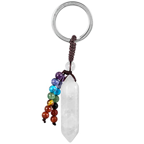 KYEYGWO Bergkristall Heilstein Punkt Schlüsselanhänger für Damen und Herren, 7 Chakra Kristall Sechseckiger Schlüsselring Deko Reiki Pendel Taschenanhänger Edelstein Hexagon Anhänger von KYEYGWO