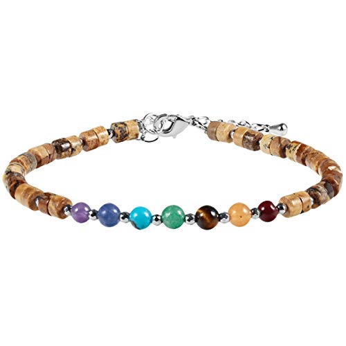 KYEYGWO Bild Jasper 7 Chakren Stein Perlenarmband für Damen, Verstellbares Kristall Armband Flache Perlen Armbänder Yoga-Armband Edelstein Schmuck für Meditation Energietherapie von KYEYGWO