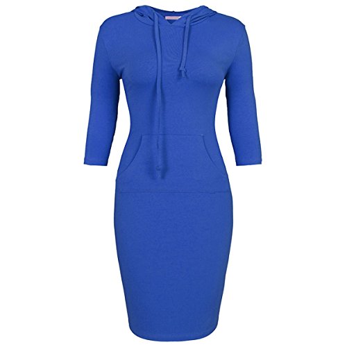 KYEYGWO Blau Damen Baumwolle Kapuzenpullover Kleid mit Tasches, Frauen 3/4 Ärmel Sweatshirt Hoodie Pulloverkleid Einfarbig Slim Fit Kleider Frühling Herbst Winter Freizeitkleid, XXL von KYEYGWO