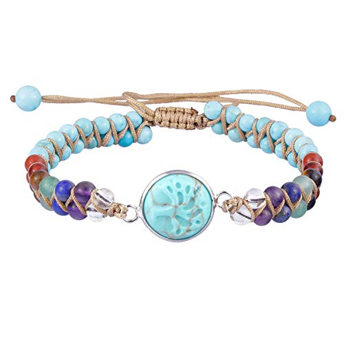 KYEYGWO Blau Howlith Türkis Kristall Baum des Lebens Armband für Damen und Herren, Einstellbare Doppelt Geflochtenes Armbänder 7 Chakra Stein Perlenarmband Yoga-Armband Edelstein Schmuck von KYEYGWO