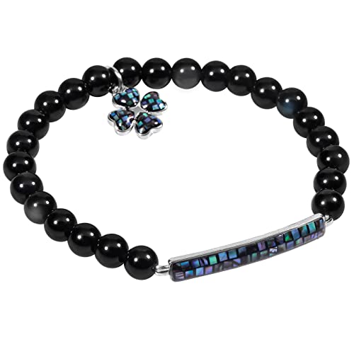 KYEYGWO Bunten Obsidian Kleeblatt Kristall Armband für Damen und Herren, 6 mm Stretch Perlenarmband Glücksbringer Stein Armbänder Abalone Muschel Schmuck für Reiki Heilung Yoga, Meditation von KYEYGWO