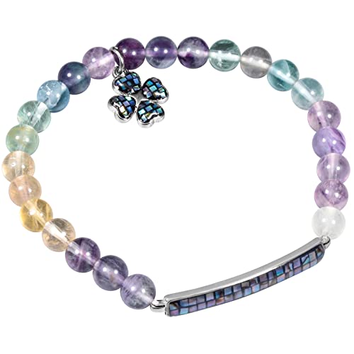 KYEYGWO Fluorite Kleeblatt Kristall Armband für Damen und Herren, 6 mm Stretch Perlenarmband Glücksbringer Stein Armbänder Abalone Muschel Schmuck für Reiki Heilung Yoga, Meditation von KYEYGWO