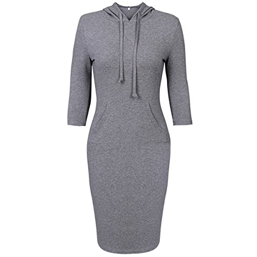 KYEYGWO Grau Damen Baumwolle Kapuzenpullover Kleid mit Tasches, Frauen 3/4 Ärmel Sweatshirt Hoodie Pulloverkleid Einfarbig Slim Fit Kleider Frühling Herbst Winter Freizeitkleid, XXL von KYEYGWO