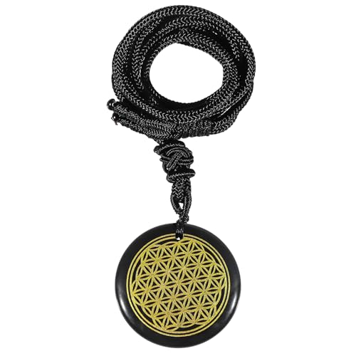 KYEYGWO Gravierte Blume des Lebens Obsidian Ketten mit Einstellbare Seil, Runde Stein Anhänger Heilstein Talisman Halsketten Amulett Segen Schmuck für Damen und Herren von KYEYGWO