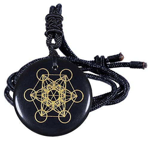 KYEYGWO Gravierte Metatron's Cube Obsidian Ketten mit Einstellbare Seil, Runde Stein Anhänger Heilstein Talisman Halsketten Amulett Segen Schmuck für Damen und Herren von KYEYGWO