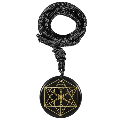 KYEYGWO Gravierte Saat des Lebens Obsidian Ketten mit Einstellbare Seil, Runde Stein Anhänger Heilstein Talisman Halsketten Amulett Segen Schmuck für Damen und Herren von KYEYGWO