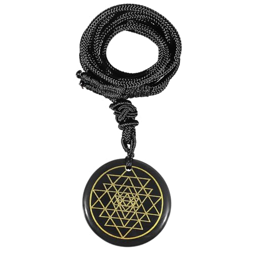 KYEYGWO Gravierte Sri Yantra Obsidian Ketten mit Einstellbare Seil, Runde Stein Anhänger Heilstein Talisman Halsketten Amulett Segen Schmuck für Damen und Herren von KYEYGWO