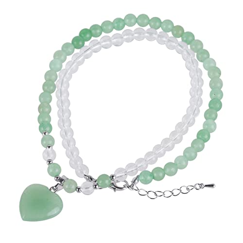 KYEYGWO Grüner Aventurin Kristall Perlen Armband für Damen, Herz Stein Anhänger Herzform Edelstein Halsketten Chakra Armbänder Liebe Perlenketten Heilstein Wickelarmband Zweifarbig Segen Schmuck von KYEYGWO