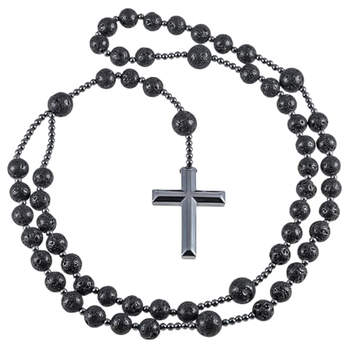 KYEYGWO Hämatit Kreuz Halskette Kristall Stein Anhänger für Damen und Herren, Religiöses Gebet Perlenkette Katholische Schmuck Edelstein Perlenkette, Lavastein von KYEYGWO
