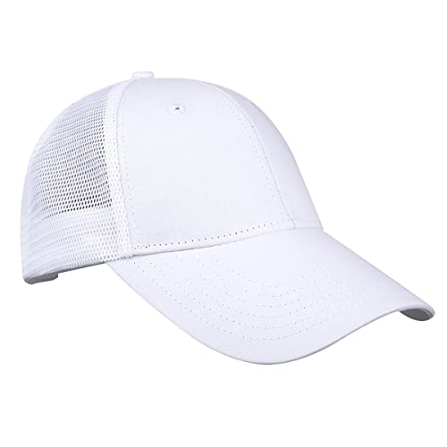 KYEYGWO Halb Atmungsaktive Mesh Baseball Cap aus Baumwolle, Verstellbar Einfarbig Baseballkappe Outdoor Sonnenhut Freizeit Sportmütze Klassisch Baseballmütze für Herren und Damen, Weiß von KYEYGWO