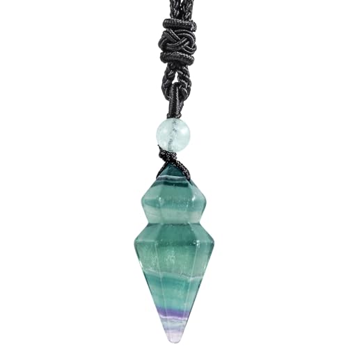 KYEYGWO Heilstein Kristall Double Tapered Anhänger Halskette mit verstellbarem Seil, Glücks Amulett Schmuck, Reiki Pendel Kette für Damen und Herren, Fluorit von KYEYGWO