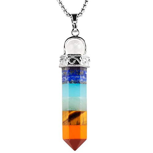 KYEYGWO Heilstein Punkt Anhänger Halskette für Damen und Herren, Hexagon Versilbertes Reiki Chakra Poliertes Steinpendel für Unisex, 7 Chakra Stein Perlen mit Hexagon von KYEYGWO