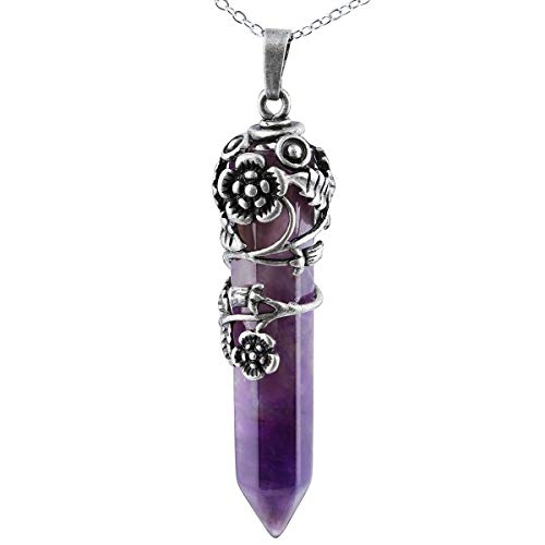 KYEYGWO Heilstein Punkt Anhänger Halskette für Damen und Herren, Hexagon Versilbertes Reiki Chakra Poliertes Steinpendel für Unisex, Amethyst Silber Floral von KYEYGWO