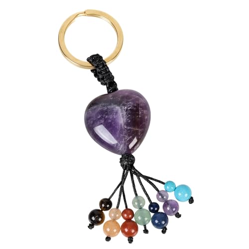 KYEYGWO Heilung Amethyst Kristall Herzförmig Schlüsselanhänger für Unisex, 7 Chakra Stein Glücksbringer Schlüsselring Deko Heilstein Taschenanhänger Anhänger von KYEYGWO